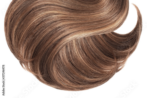 Brown hair isolated on white background. Long ponytail