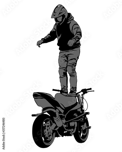 Young man on sports bike performs tricks. Isolated silhouette on a white background