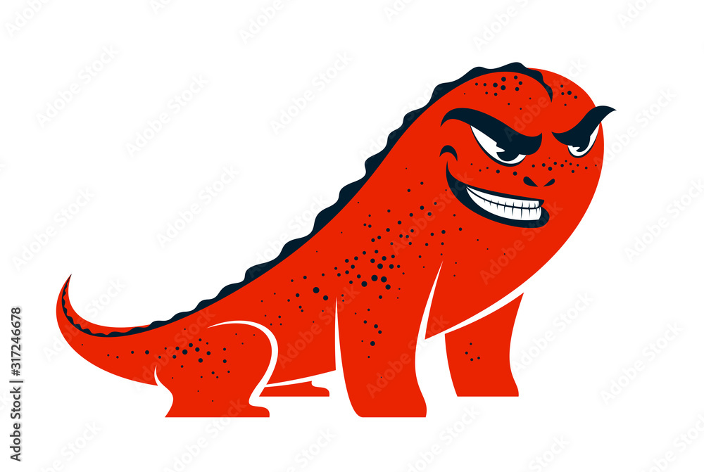 Fototapeta premium Funny cartoon monster with angry sneering face vector smile illustration isolated on white, facial expression illustration.