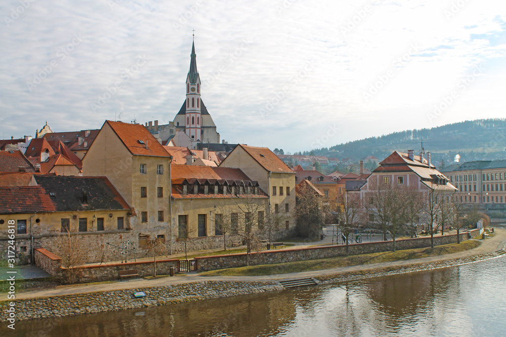 City landscape with view on river and St. Vitus Church in Cesky Krumlov. Czech Republic.