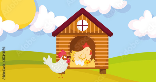 house hen rooster chicken and eggs farm animal cartoon