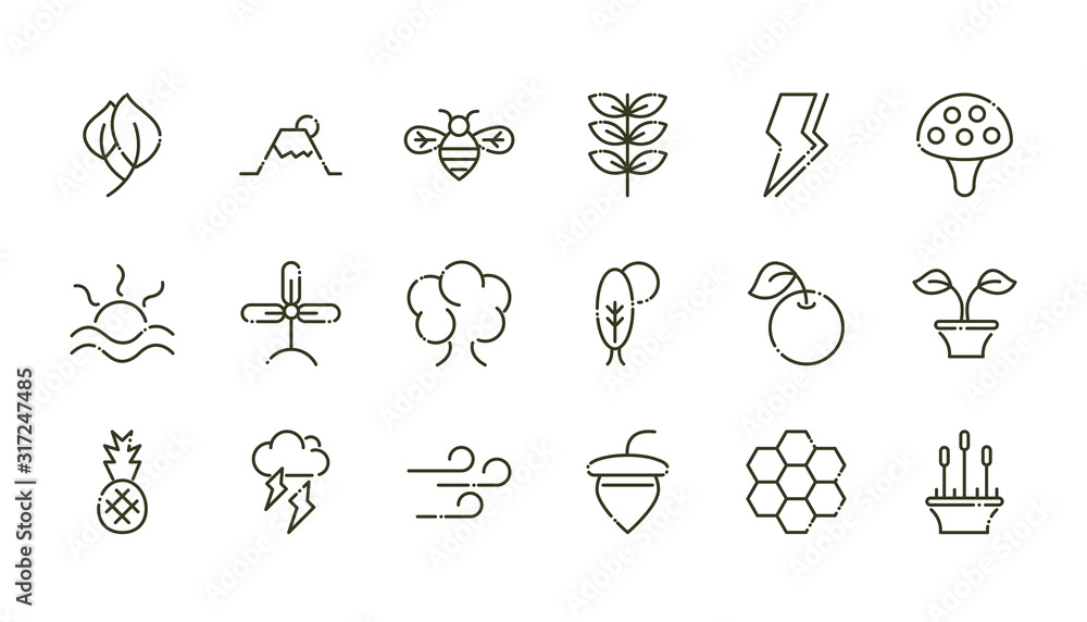 Fototapeta premium forest foliage ecology nature line design icons set