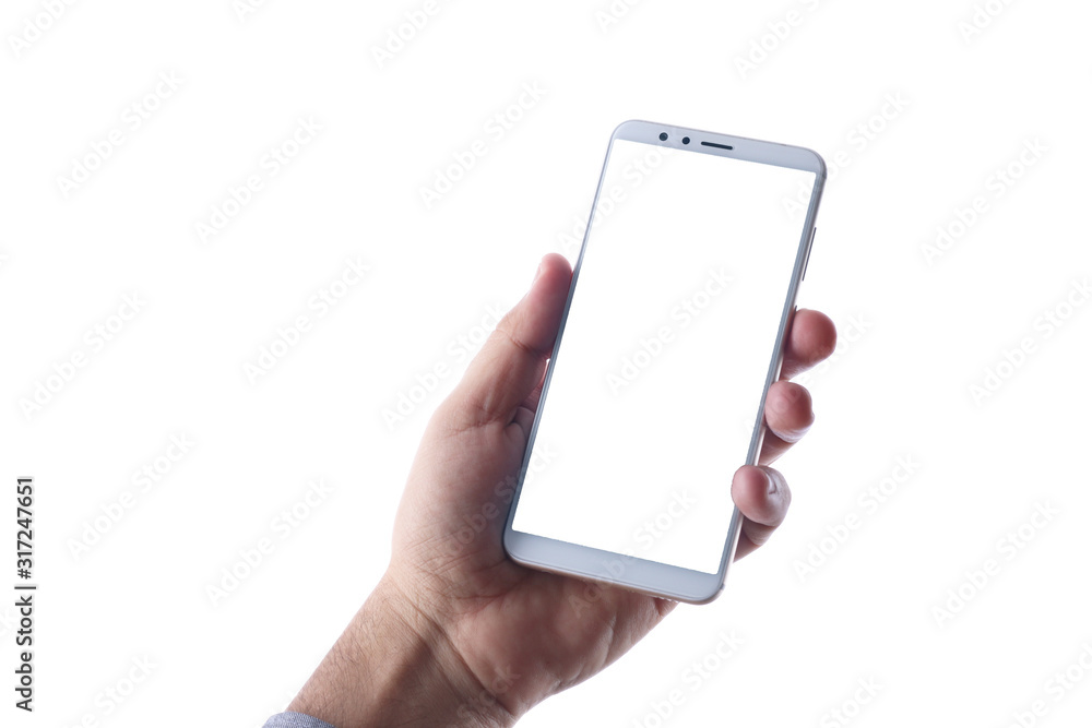hand holding smart phone isolated on white