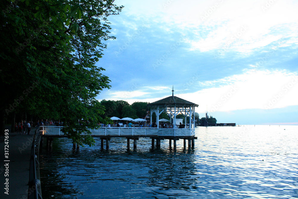 Bregenz / Austria - June 06 2019: Restaurant on Harbor Bridge on the lake in Bregenz, Austria.