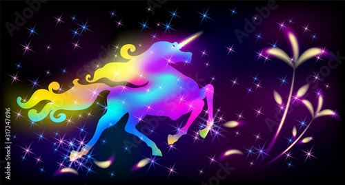Galloping iridescent unicorn with luxurious winding mane prancing against the background of the fantasy universe with sparkling stars and glowing flowers