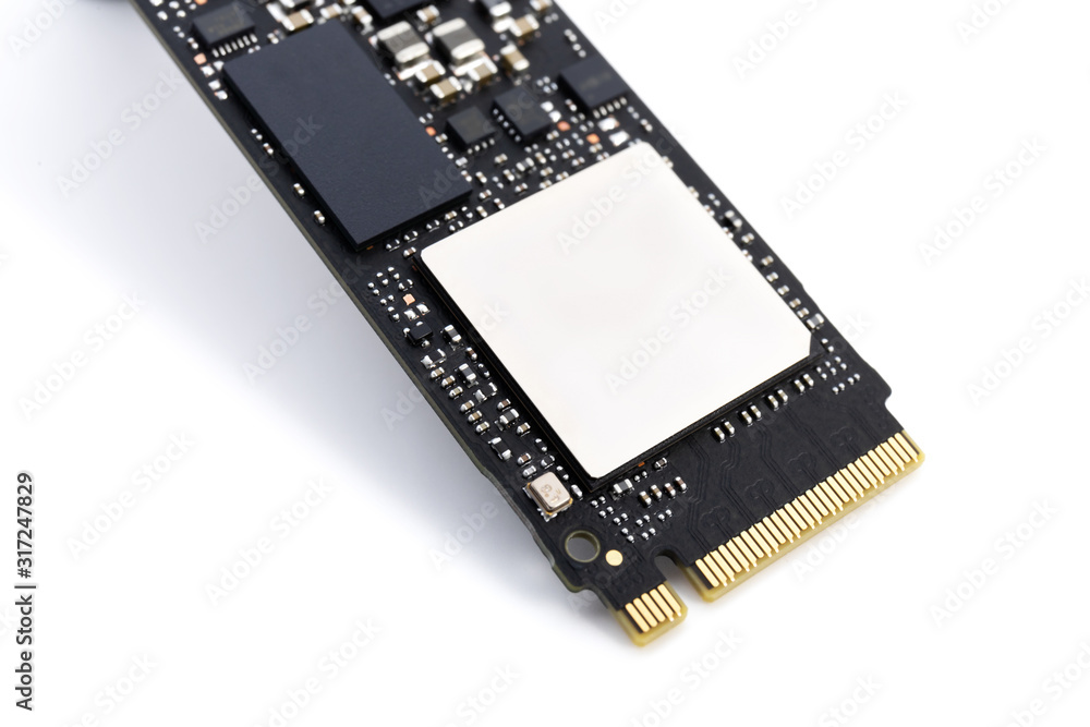 SSD hard drive fast NVMe version for slot M.2 laid on white background and focused at pinout