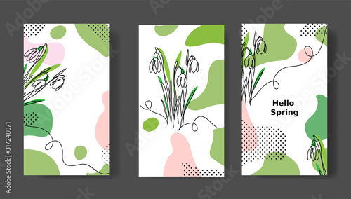 Hello Spring social media stories, templates. Snowdrops flower vector set. Social media card for posting.