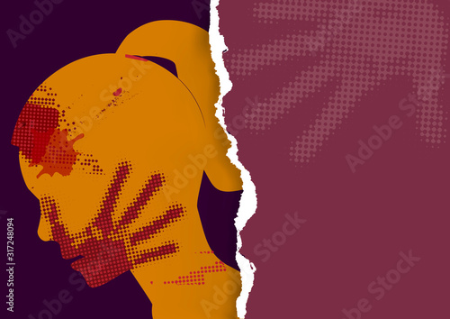  Violence against woman ,ripped paper template. Young Woman grunge silhouette with hand print on the face on torn paper background. Vector available.