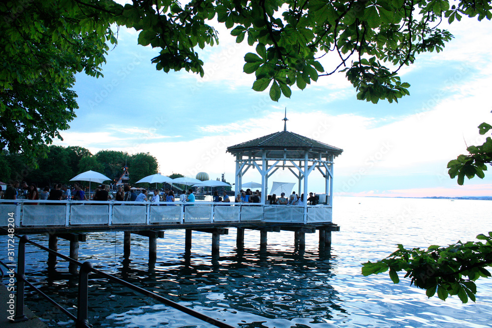 Bregenz / Austria - June 06 2019: Restaurant on Harbor Bridge on the lake in Bregenz, Austria.
