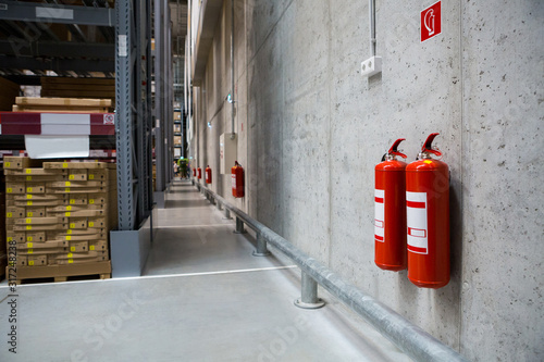 Fire extinguishers in the warehouse. Fire safety