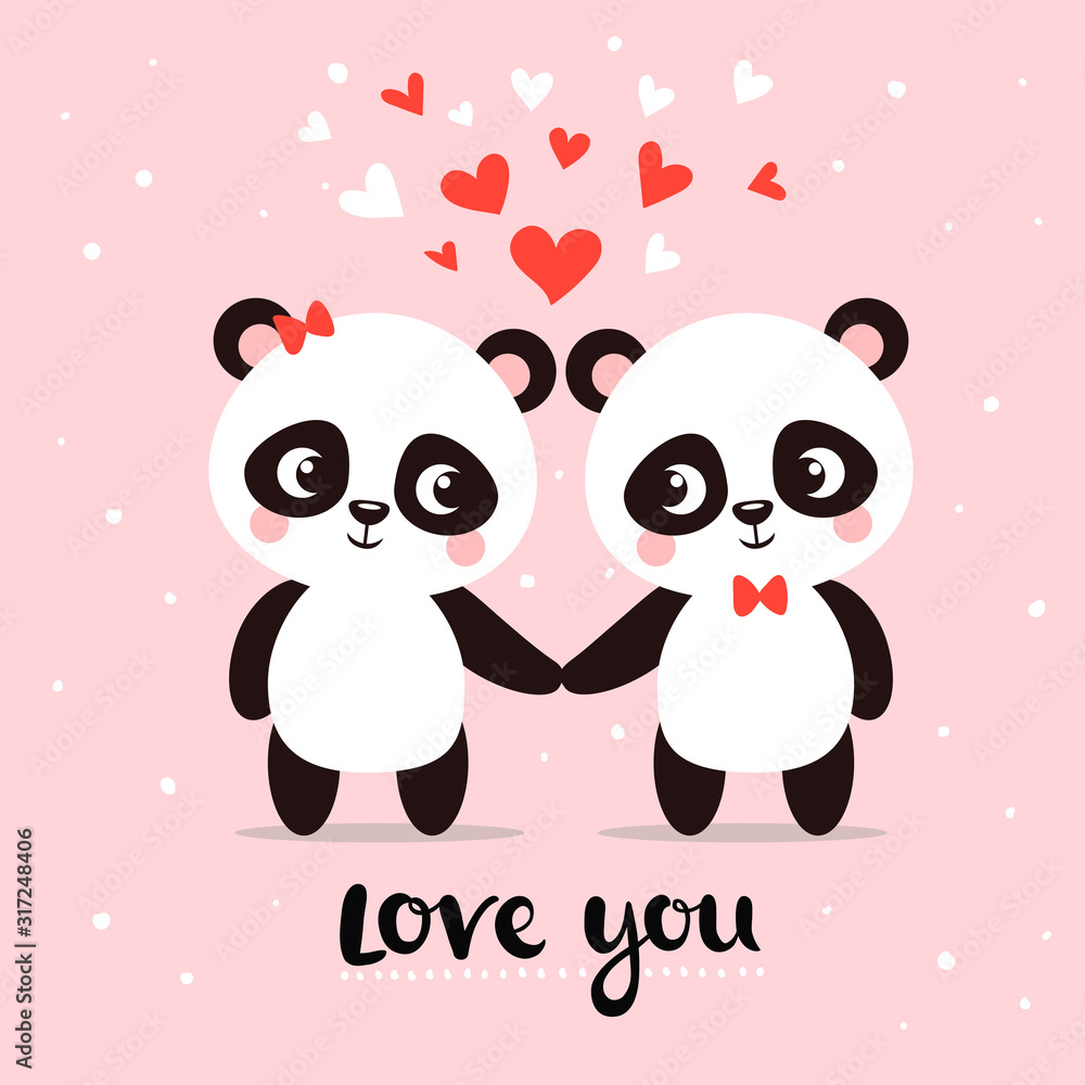 Two little cute pandas hold hands among hearts. Vector greeting card. Two little cute pandas hold hands among hearts. Vector greeting card.
