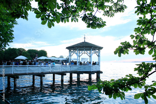Bregenz / Austria - June 06 2019: Restaurant on Harbor Bridge on the lake in Bregenz, Austria.