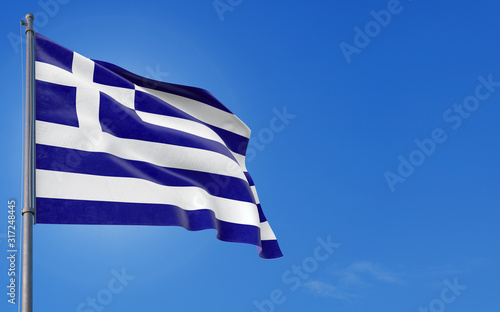Greece flag waving in the wind against deep blue sky. National theme, international concept. Copy space for text.