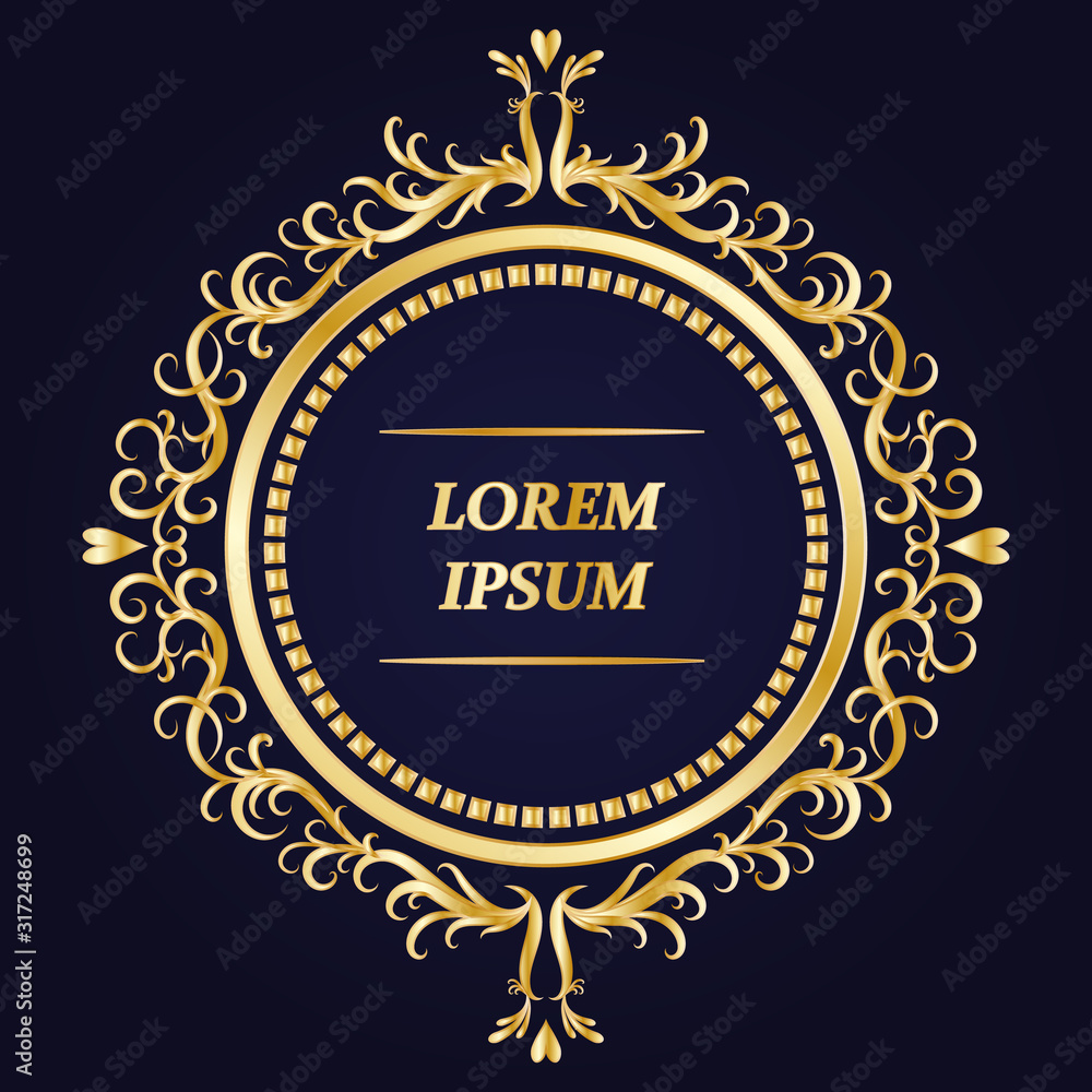  Round gold frame in vintage style on blue background. Luxurious vector pattern. 