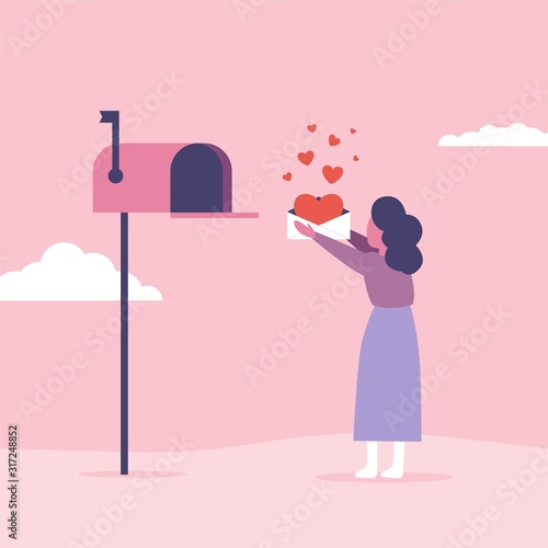 Love letters concept for Valentine's Day. Woman send or get mail with mailbox