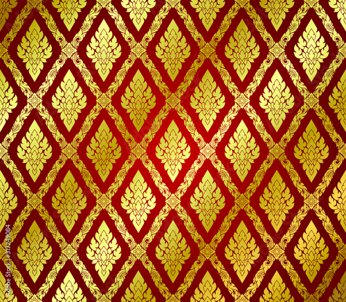 Seamless Pattern, Golden Thai Art On Red Background