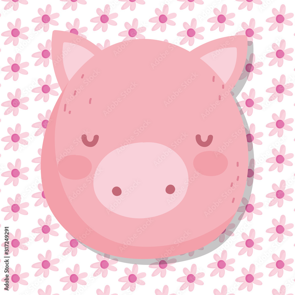 cute face pig farm animal cartoon flowers background cute face pig farm animal cartoon flowers background