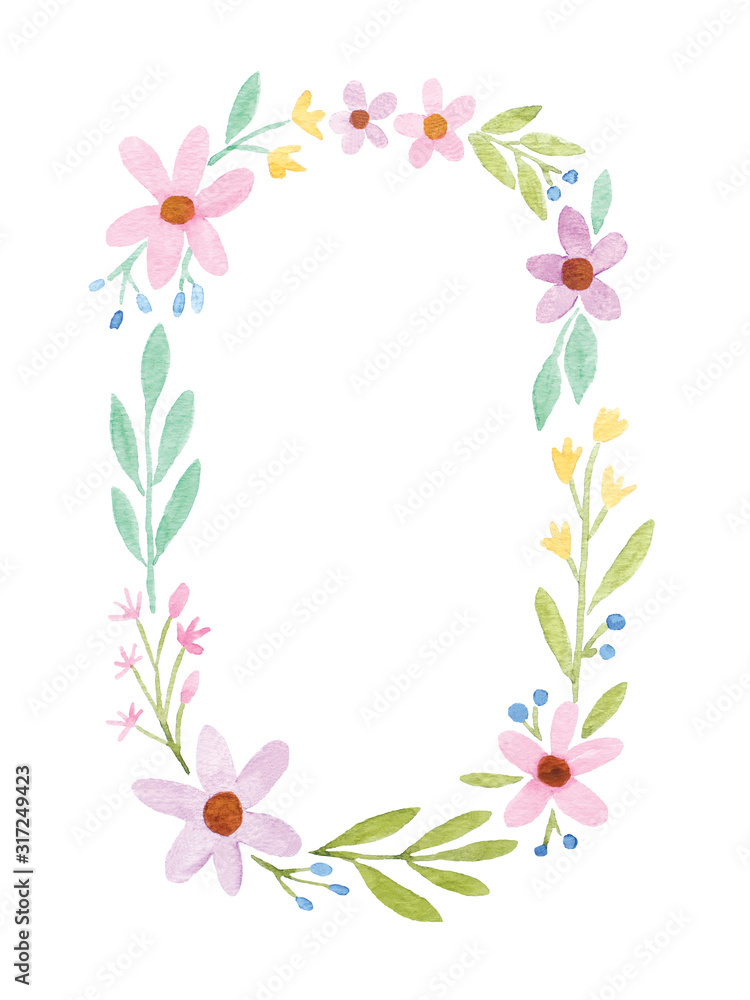Watercolour floral wreath, Colorful blooming flowers wreath in watercolor painting isolated on white background, border, frame, banner for greeting card, wedding invitation, art design illustration