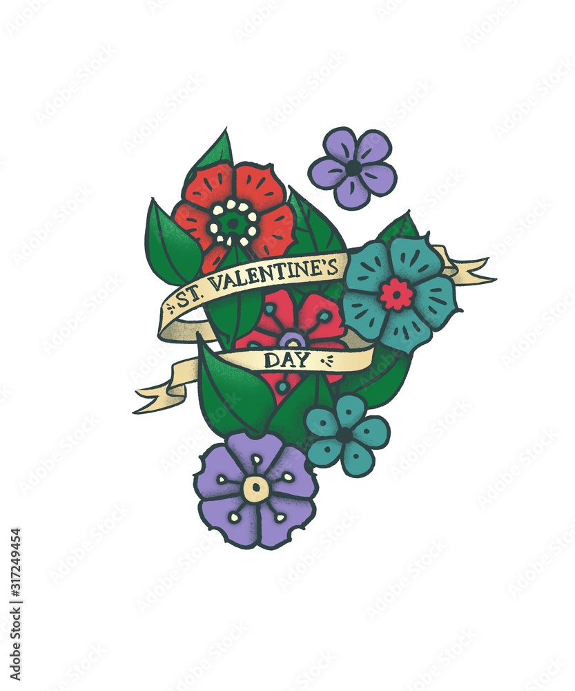 Hand drawn bouquet of flowers with text “St. Valentine’s day” on a ribbon. Imitation of old tattoo style.
