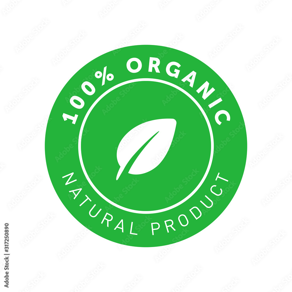 100 percent organic natural product green circle badge with leaf in center. Design element for packaging design and promotional material. Vector illustration. 100 percent organic natural product green circle badge with leaf in center. Design element for packaging design and promotional material. Vector illustration.