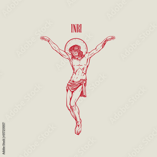 Vector illustration on a religious theme with a crucifix and inscription INRI, pencil drawing. Jesus Christ, the Son of God with a crown of thorns on his head and a halo. Catholic and Christian symbol