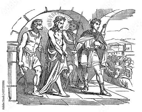 Antique vintage biblical religious engraving or drawing of crowds asking for crucifixion and Pilate sentence Jesus to death. Bible, New Testament,Luke 23. Biblische Geschichte , Germany 1859.