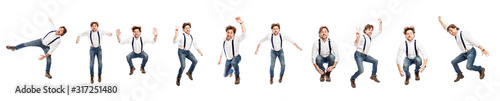Set of images of a jumping middle-aged man in a white shirt and jeans. Collage. Isolated on a white background. Panorama.