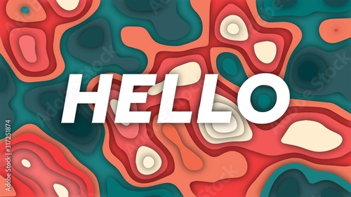 Hello geometric background with paper cut shapes vector illustration, web banner design, discount card, promotion, flyer layout, ad, advertisement, printing media.