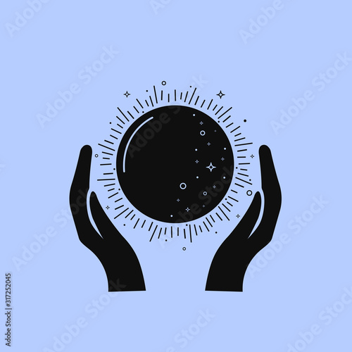 Magic ball between two hands icon vector illustration isolated on blue background