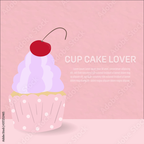sweet purple cupcake decorate with red cherry cream puff put on pink paper background cover.item for bakery food product lover paster colourful.