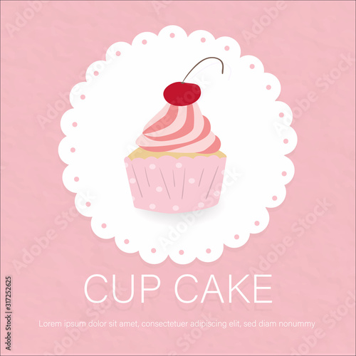 sweet cupcake on lace pink paper background.picture for bakery product food lover full of cream and cherry looks so yummy and delicious label.