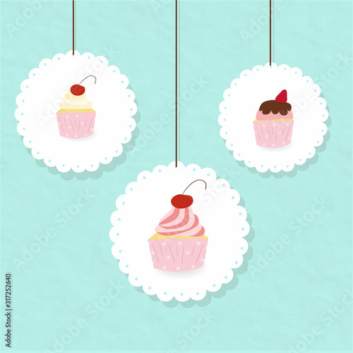 sweet cup cakes hanging on paper background decorate puff cream strawberry cherry vector.cute food for bakery product cover card birthday lover green backdrop.