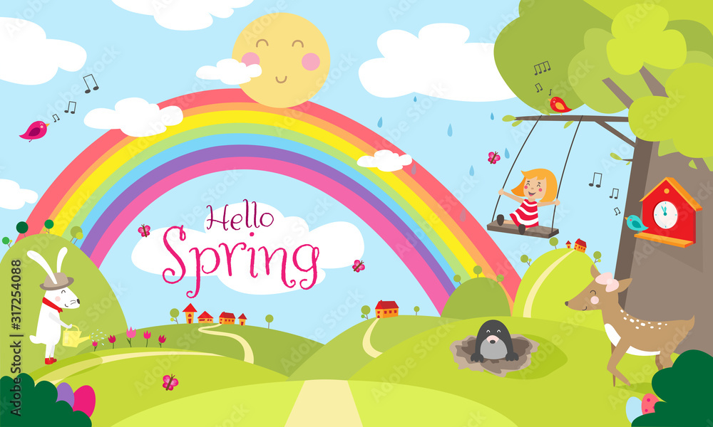 Hello Spring - Frühlingsgrafik, Süße Tiere bei der Gartenarbeit Hello Spring - Frühlingsgrafik, Süße Tiere bei der Gartenarbeit