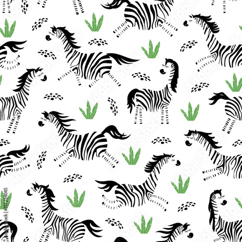 Cute zebra and green tropical leaves seamless pattern. African animal cartoon character. Vector illustration.