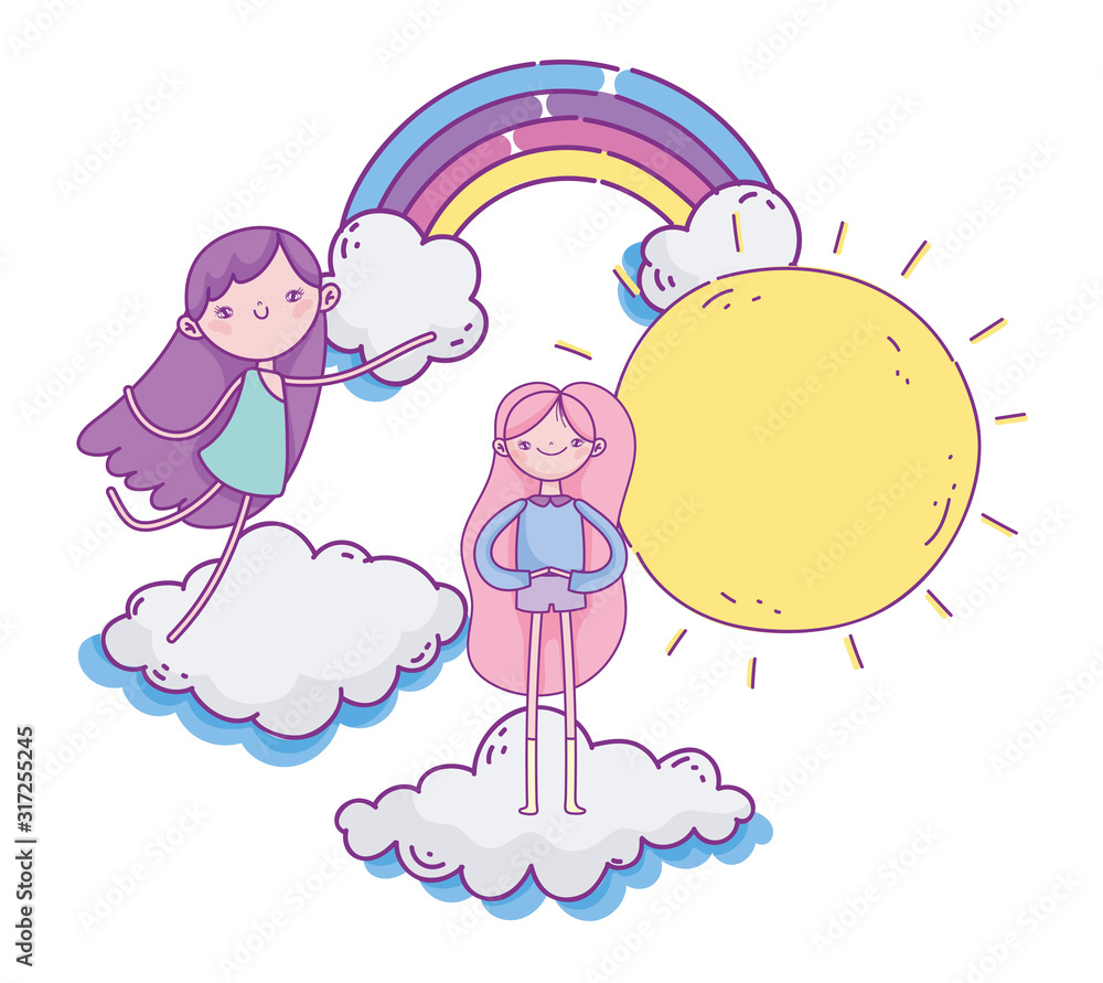 happy valentines day, cute girl and cupid in clouds rainbow sun