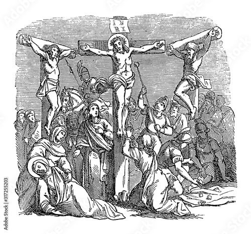 Antique vintage biblical religious engraving or drawing of crucified Jesus hanging on cross for during crucifixion with two criminals. Bible, New Testament,Luke 23. Biblische Geschichte , Germany 1859
