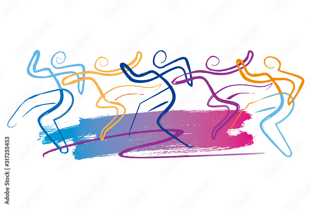   Dance party, modern dance group. Expressive, abstract stylized illustration of dancing people. Isolated on white background. Vector available.