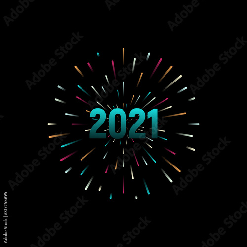 Happy New 2021 Year. Holiday vector illustration with festive typographic composition. New Year 2021 Label With Graphic Multicolored Firework Shape. Happy NYE Logo Design