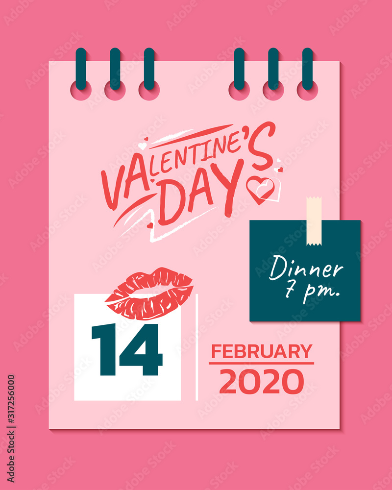 Happy Valentine's Day calendar, Valentines Day background with kisses, Valentine card and poster Happy Valentine's Day calendar, Valentines Day background with kisses, Valentine card and poster