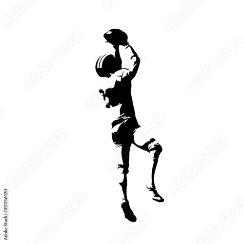 American football player jumping and catching ball, isolated vector silhouette, ink drawing