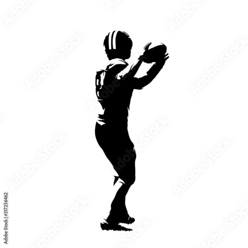 American football player throwing ball, isolated vector silhouette, ink drawing. Rear view