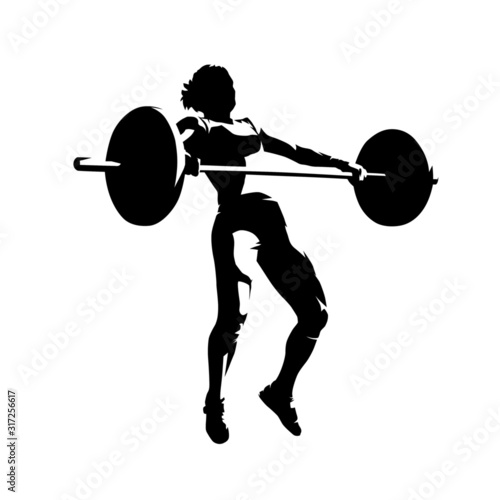Weightlifting squats, strong woman litfs big barbell, isolated vector silhouette. Ink drawing