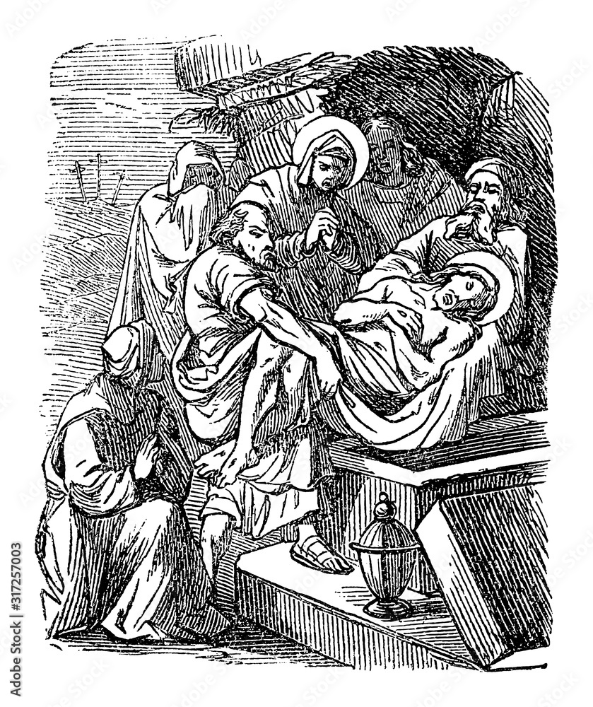 Antique vintage biblical religious engraving or drawing of burial of