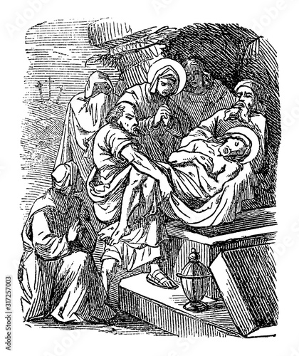 Antique vintage biblical religious engraving or drawing of burial of Jesus, Joseph of Arimathea is placing his body in a tomb. Bible, New Testament,Luke 23. Biblische Geschichte , Germany 1859.