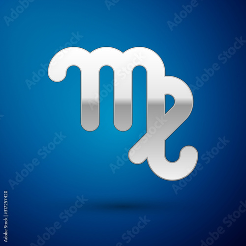 Silver Virgo zodiac sign icon isolated on blue background. Astrological horoscope collection. Vector Illustration