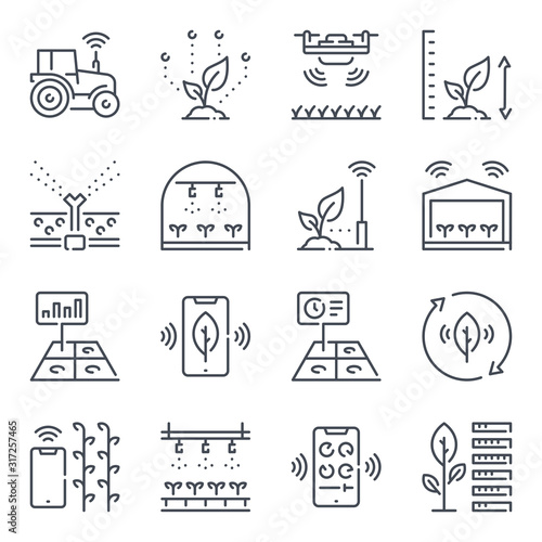 Smart farm related line icon set. Farm technologies linear icons. Food science outline vector signs and symbols collection.
