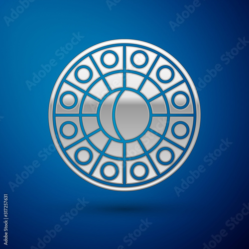 Silver Astrology horoscope circle with zodiac icon isolated on blue background. Vector Illustration