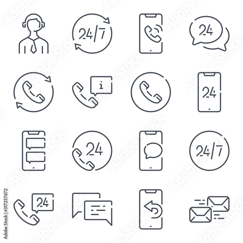 Support and call center related line icon set. Telemarketing and sales linear icons. Support services outline vector sign collection.