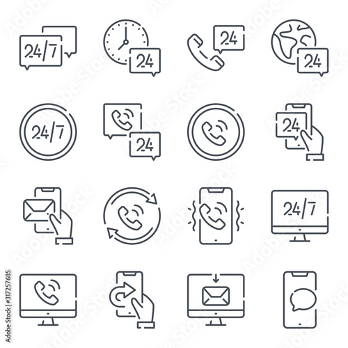 Callback related line icon set. Processing linear icons. Call support and 24 hour service outline vector sign collection.