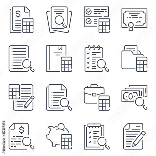 Accounting and auditing related line icon set. Calculations linear icons. Finance review outline vector signs and symbols collection.